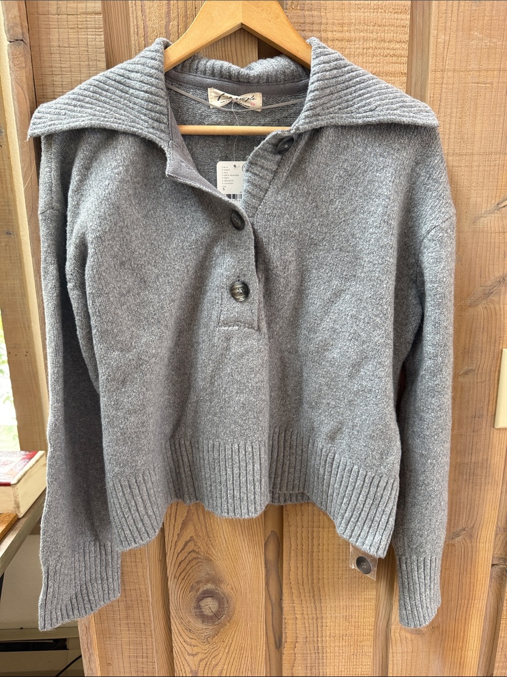 Free People Light Gray Ribbed Cowl Button Pullover